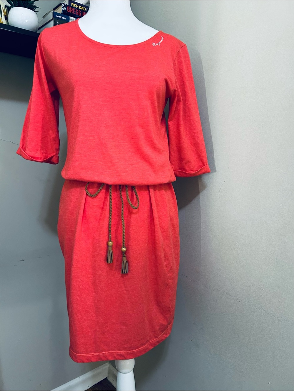 Women’s Coral Midi Dress with Braided Tassel Belt